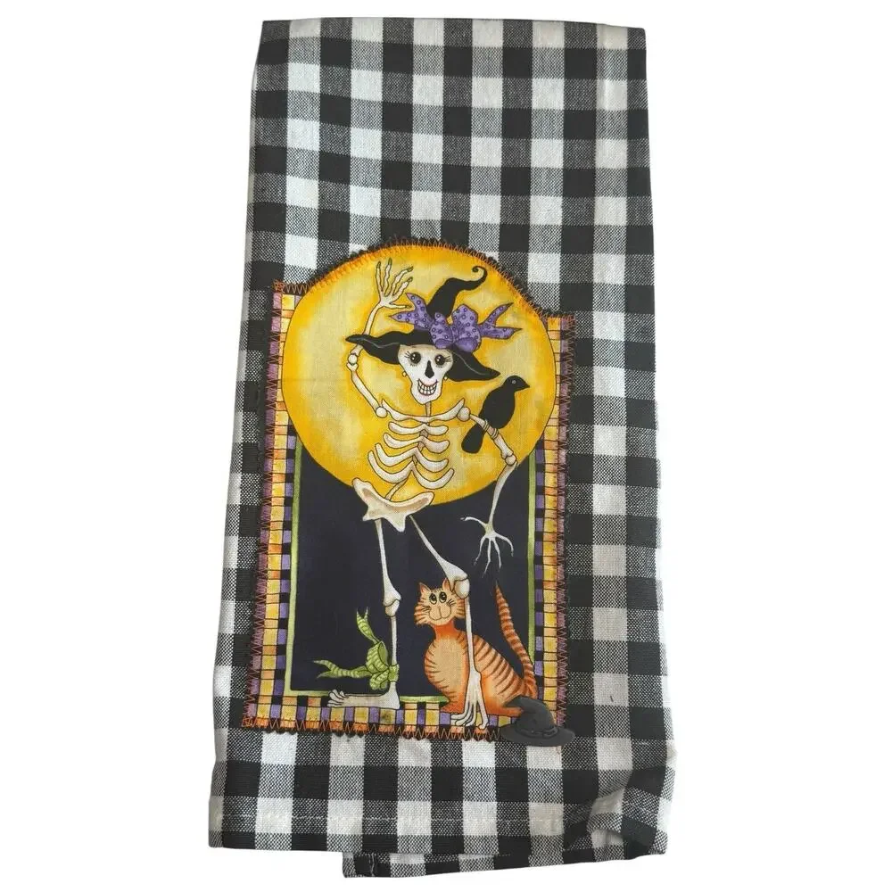 Wimpole Street Creations Halloween Skeleton Witch Plaid Gingham Tea Dish‎ Towel